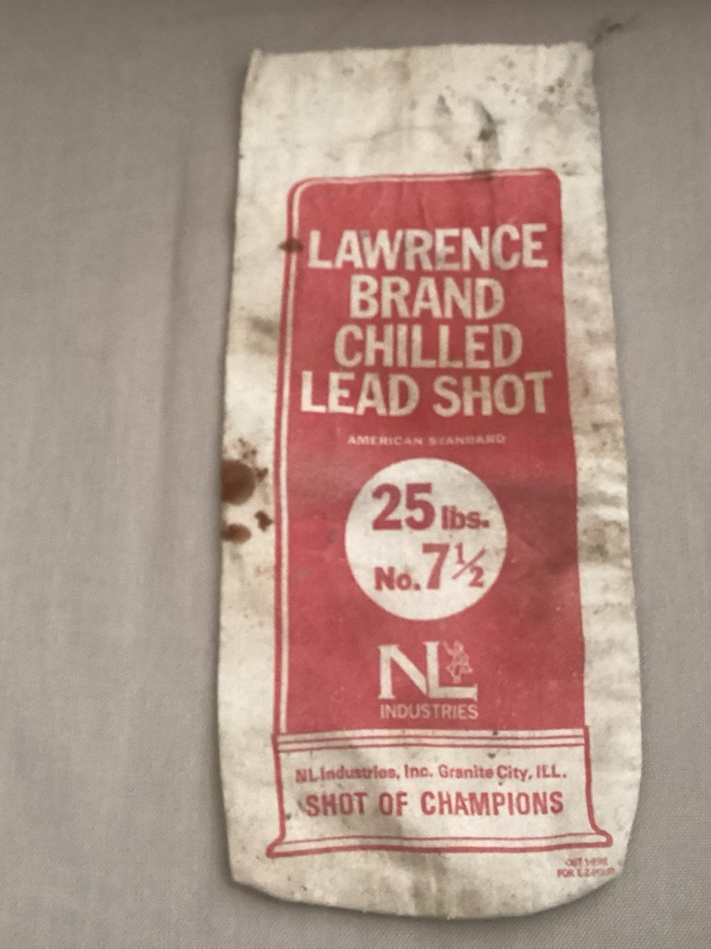 Vtg. Lawrence Canvas 25lb. Chilled Lead Shot EMPTY bag No. 7 1/2
